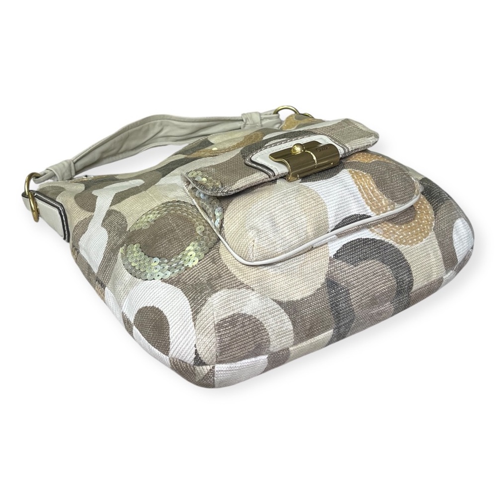 Coach Kristin Signature C Sequin Tan Ivory Khaki Canvas Hobo Tote Shoulder Bag - Picture 8 of 16